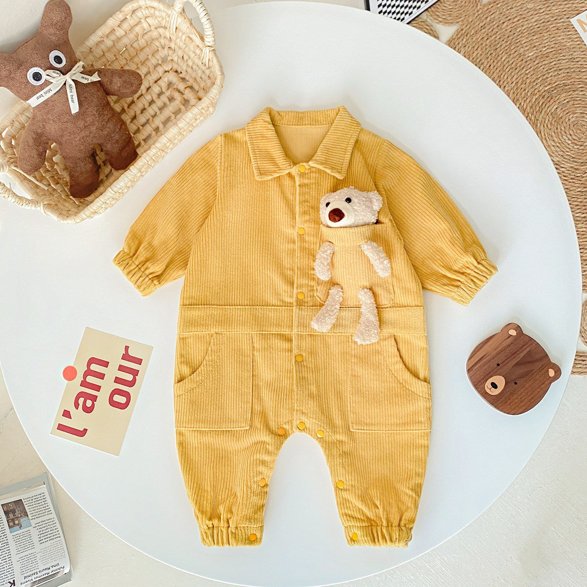 Baby 3D Cartoon Bear Patched Design Corduroy Fabric Button Front Romper