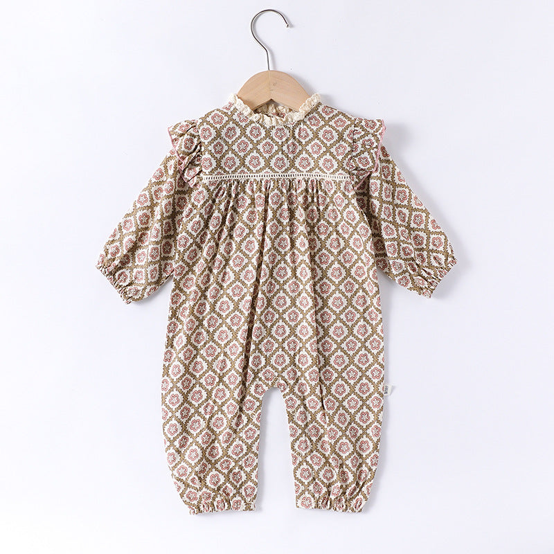 Spring Arrival Baby Girls Long Sleeves Vintage Floral Pattern Rompers and Onesies