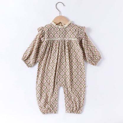 Spring Arrival Baby Girls Long Sleeves Vintage Floral Pattern Rompers and Onesies