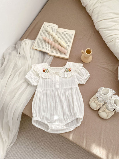 New Arrival Summer Girls Floral Embroidered Collar Short Sleeves Onesies