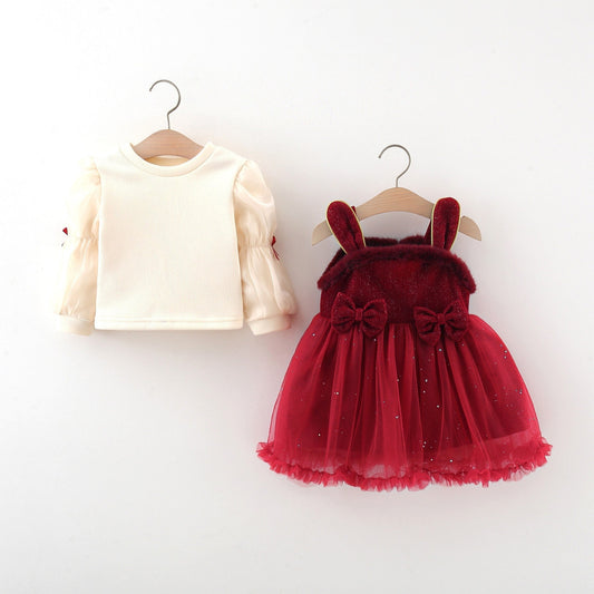 Autumn and Winter Arrival Baby Girls Long Sleeves Crew Neck Top and Rabbit Design Dress
