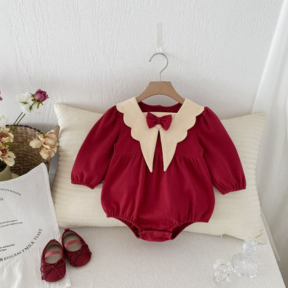 Autumn Arrival Baby Girls Long Sleeves New Style Collar with Butterfly Bow Attached Onesies