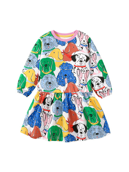Design Autumn Girls Vivid Colorful Dogs Pattern Dress