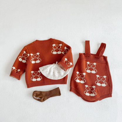 Baby Girl Cartoon Bear Embroidered Graphic Knitted Sleeveless Bodysuit & Cardigan 1-Pieces Sets