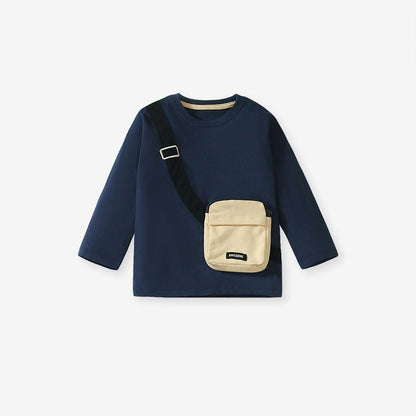 Spring And Autumn Boys Sling Bag Pattern Color Patchwork Long Sleeves Top Sweatshirt And Solid Color Pocketed Pants Clothing Set