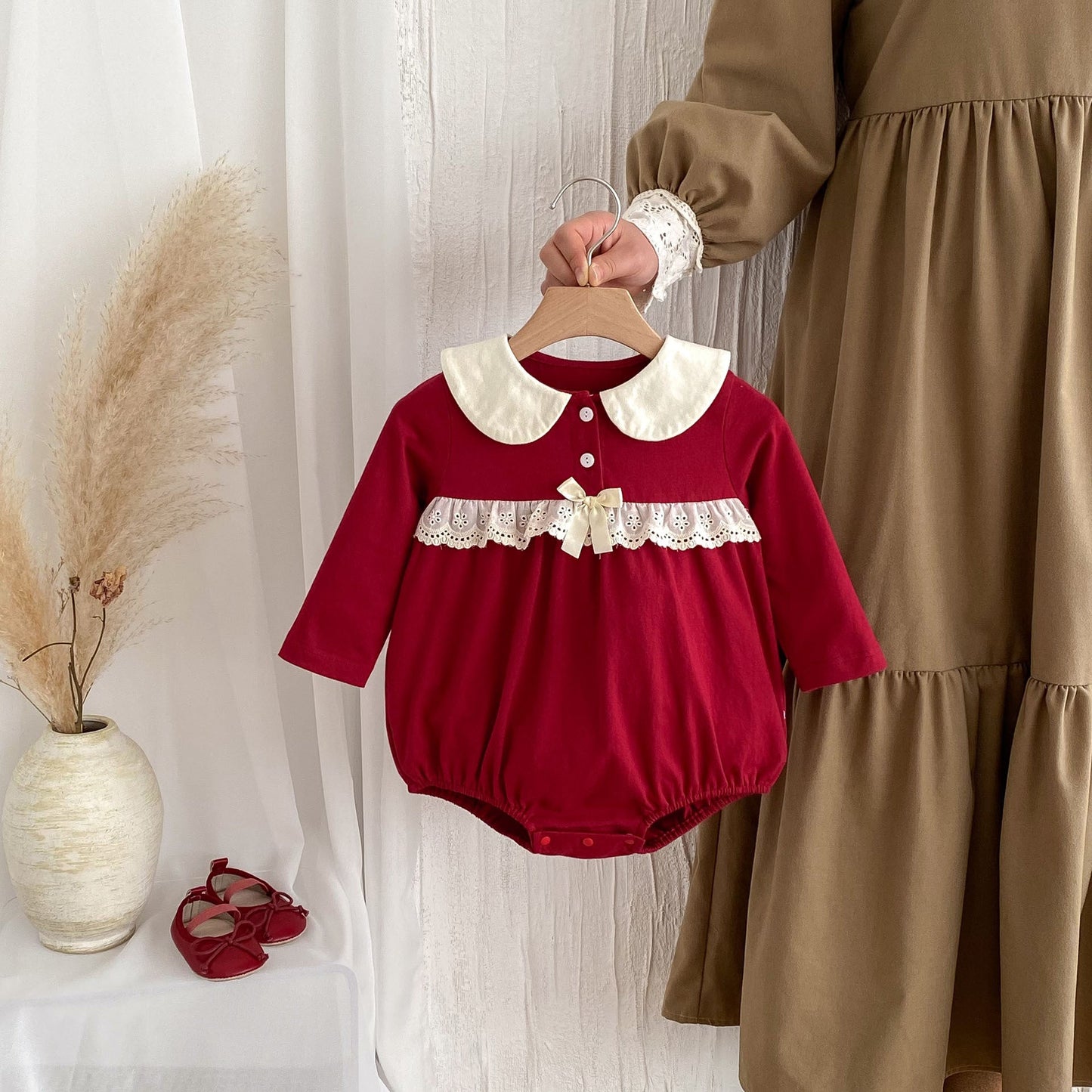 Autumn Arrival Baby Girls Long Sleeves Color Patchwork Peter Pan Collar Onesies