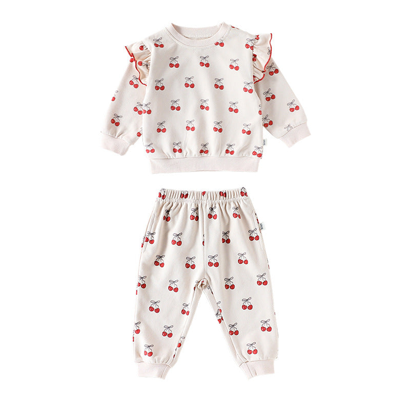 Spring and Autumn Girls Cherry Pattern Long Sleeves Top and Pants Clothing Set