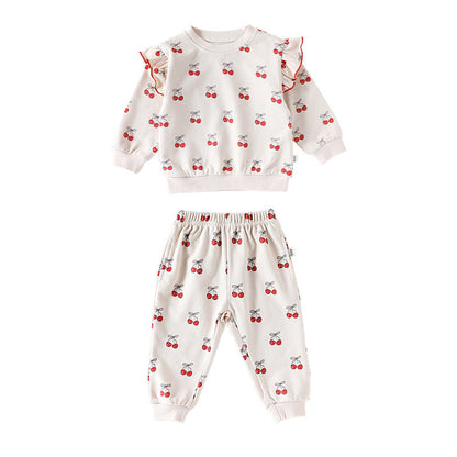 Spring and Autumn Girls Cherry Pattern Long Sleeves Top and Pants Clothing Set