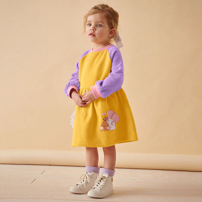 Autumn and Winter Arrival Cartoon Pattern Color Patchwork Long Sleeves Crew Neck Dress for Stylish Girls