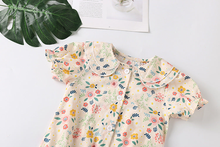 Baby Girl Froral Print Pattern Shirt With Double Collar Design Short Sleeved Onesies
