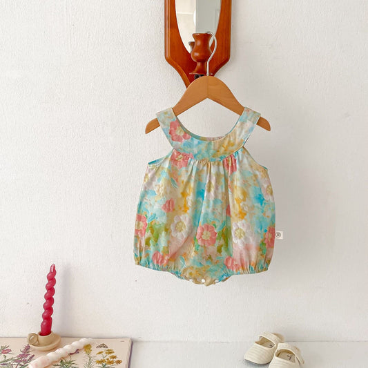 Baby Girls Colorful Floral Design Strap Sleeveless Thin Onesies