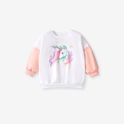 Spring And Autumn Girls Cartoon Unicorn Pattern Long Sleeves Crew Neck Top Sweatshirt And Pants Clothing Set