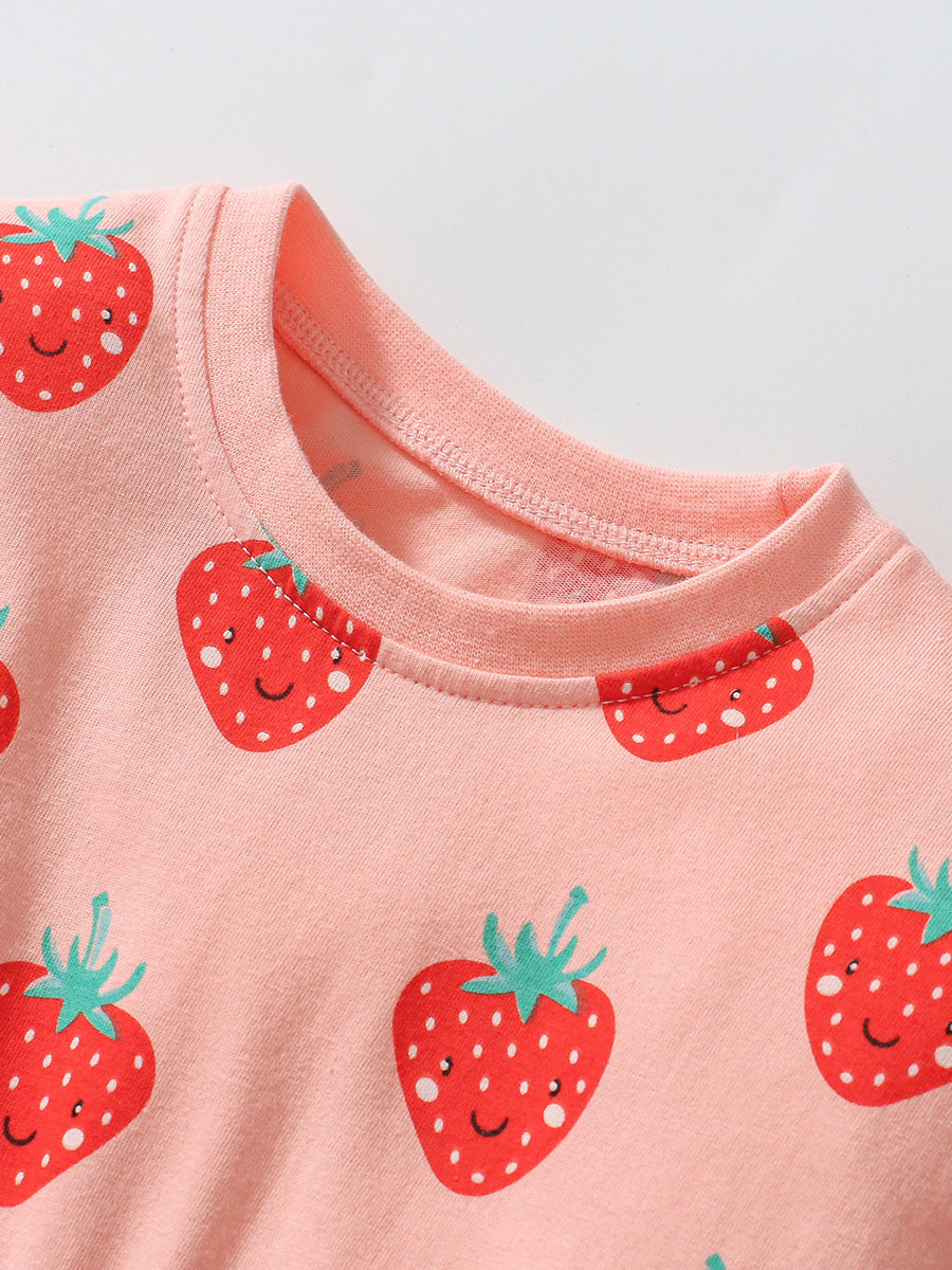 Arrival Autumn Girls Long Sleeves Cartoon Strawberry Fruits Pattern Crew Neck Dress-2