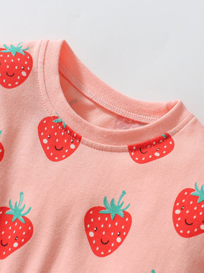 Arrival Autumn Girls Long Sleeves Cartoon Strawberry Fruits Pattern Crew Neck Dress-2