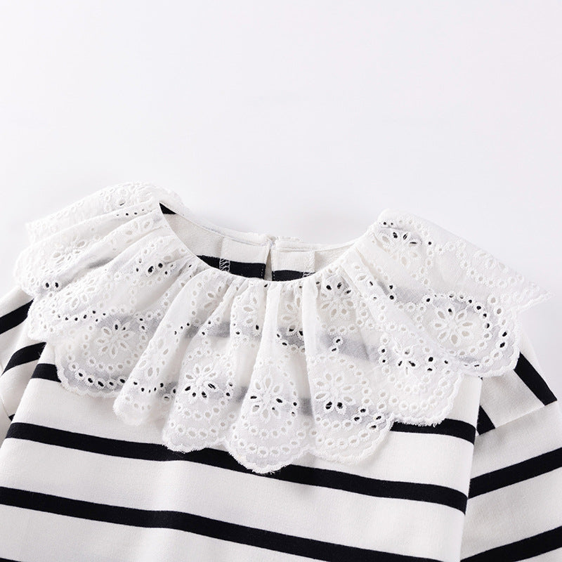 Spring and Autumn Girls Striped Pattern Long Sleeves Sweatshirt and Black Pants Clothing Set