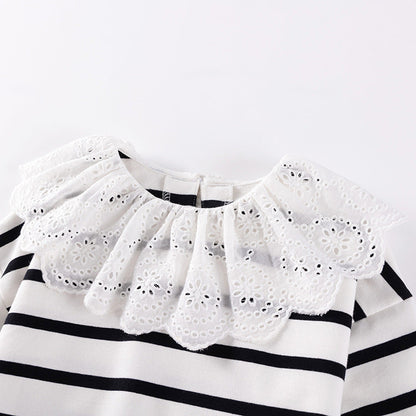 Spring and Autumn Girls Striped Pattern Long Sleeves Sweatshirt and Black Pants Clothing Set