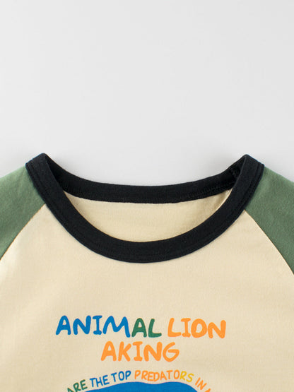 Autumn Baby Boys Letters and Lion Print Color Patchwork Long Sleeves Crew Neck Base Top Shirt-1