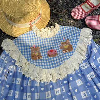 Arrival Girls Autumn Teddy Bear and Plaid Pattern Long Sleeves Dress