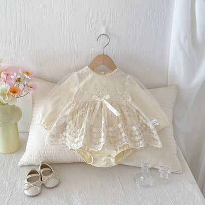 Autumn Arrival Baby Girls Long Sleeves Flowers Pattern Tulle Patchwork Onesies