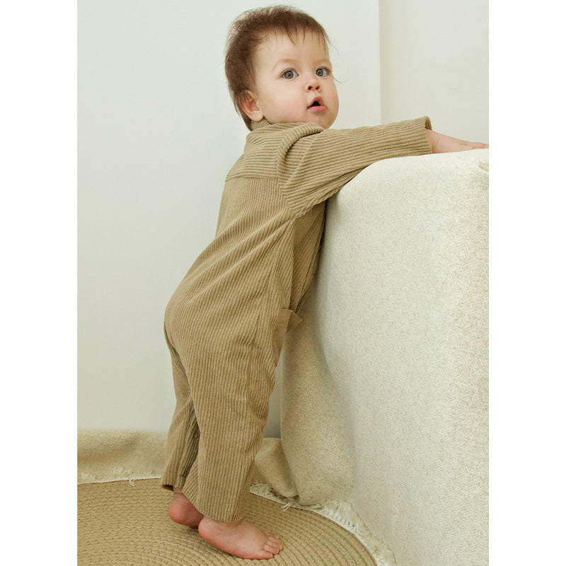 Autumn Arrival Baby Unisex Long Sleeves Solid Color Corduroy Rompers-1