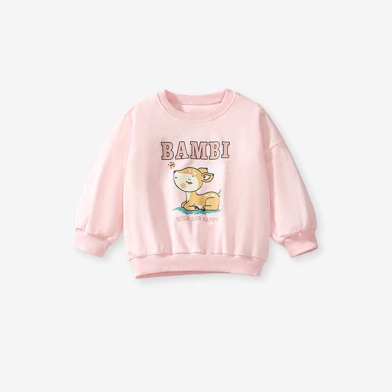 Spring And Autumn Girls Cute Cartoon Little Bambi Print Top Sweatshirt And Solid Color Pants