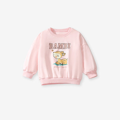Spring And Autumn Girls Cute Cartoon Little Bambi Print Top Sweatshirt And Solid Color Pants