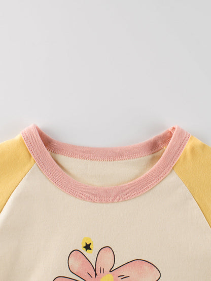 Autumn Arrival Kids Girls Flowers Cartoon Print Crew Neck Long Sleeves Color Patchwork Shirt