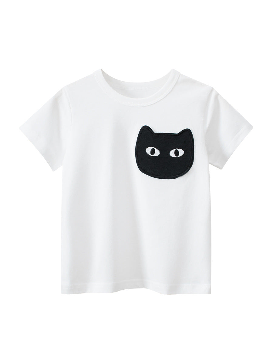 Cat Face Cartoon Pattern Girls T-Shirt In European And American Style For Summer