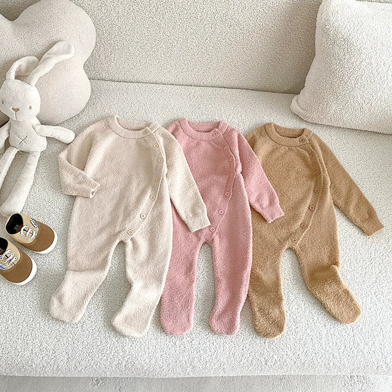 Autumn and Winter Arrival Unisex Baby’s Solid Color Crew Neck Fluffy Rompers
