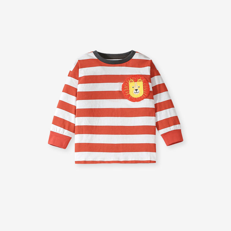 Arrival Spring And Autumn Boys Casual Appliqué Embroidery Lion And Striped Pattern Long Sleeves Top T-Shirt And Pants Clothing Set
