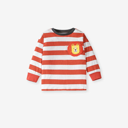 Arrival Spring And Autumn Boys Casual Appliqué Embroidery Lion And Striped Pattern Long Sleeves Top T-Shirt And Pants Clothing Set