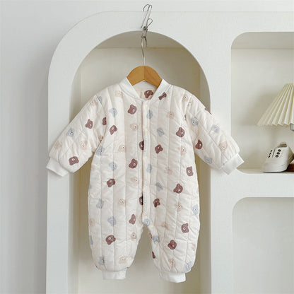 Autumn and Winter Arrival Unisex Baby’s Teddy Printed Fleece-lined and Thickened Rompers for Warmth