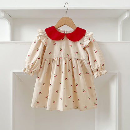 Arrival Autumn Baby Kids Girls Long Sleeves Cherry Pattern Peter Pan Collar Onesies and Dress – Princess Sister Matching Set