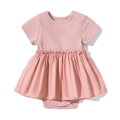 Baby Girls Solid Color Wooden Ear Design Short-Sleeved Dress Onesies In Summer