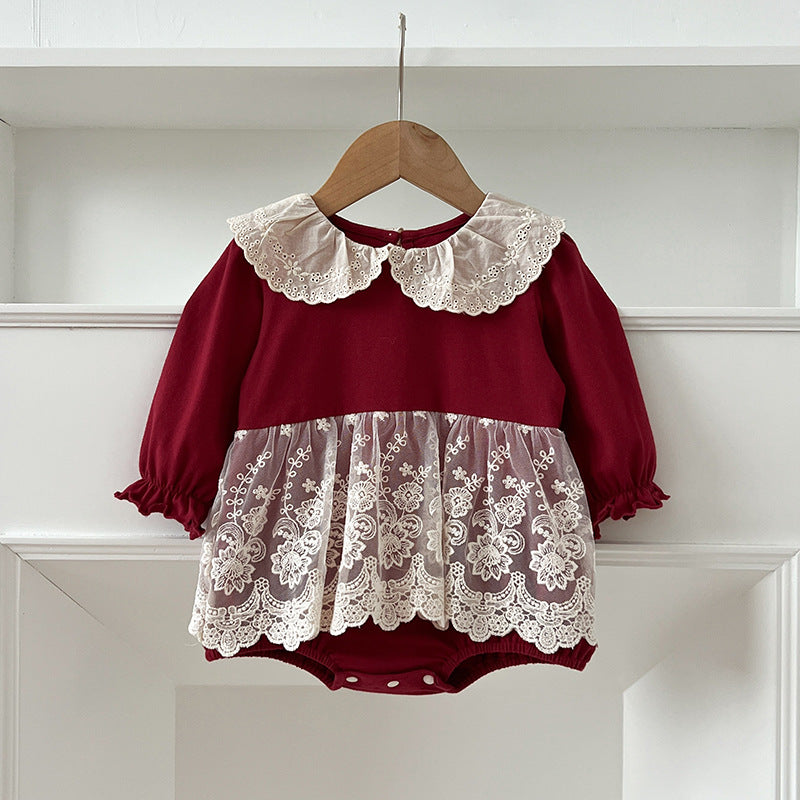 Autumn Arrival Baby Girls Long Sleeves Hollow-out Collar Tulle Patchwork Onesies