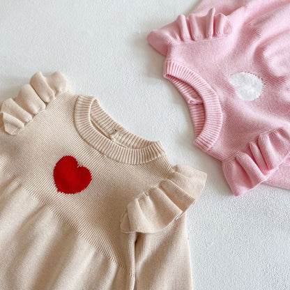 Baby Girl 1pcs Heart Embroidered Pattern Ruffle Long Sleeve Knit Onesies