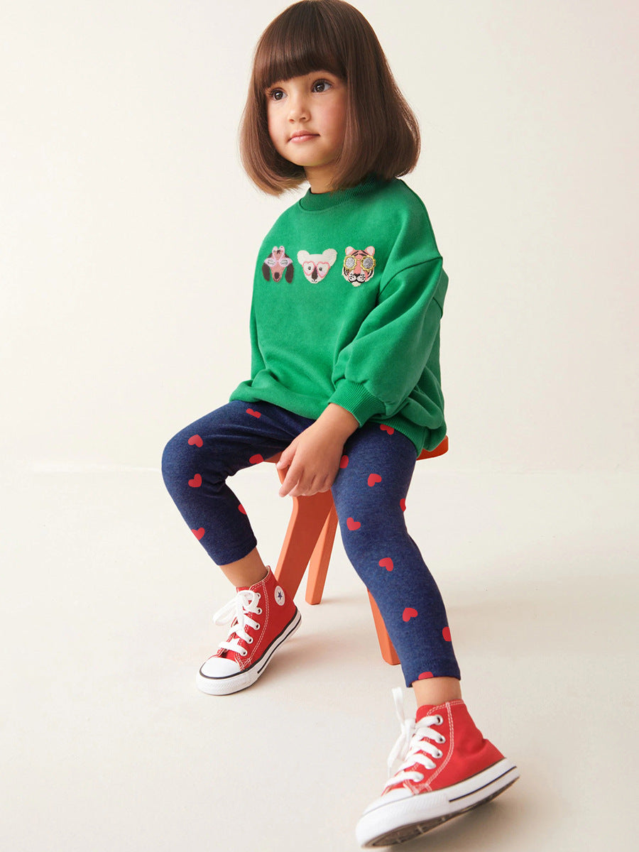 Spring And Autumn Girls Cartoon Animals Pattern Green Long Sleeves Top Sweatshirt And Heart Pattern Pants Clothing Set
