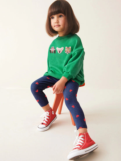 Spring And Autumn Girls Cartoon Animals Pattern Green Long Sleeves Top Sweatshirt And Heart Pattern Pants Clothing Set