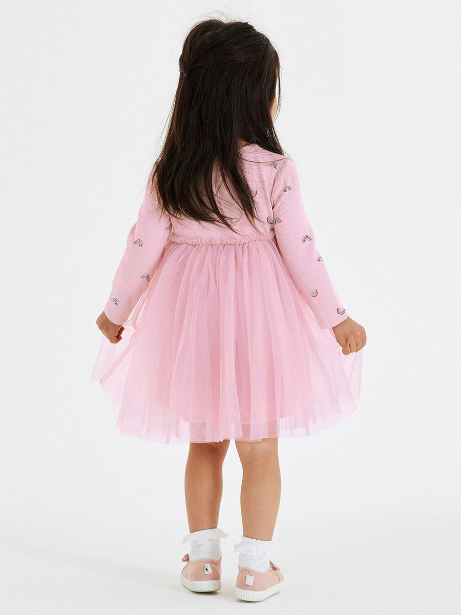 Arrival Autumn Girls Rainbows Print Crew Neck Long Sleeves Tulle Patchwork Princess Dress-3