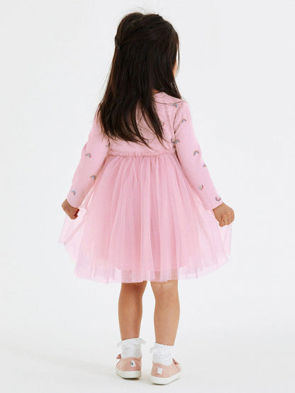 Arrival Autumn Girls Rainbows Print Crew Neck Long Sleeves Tulle Patchwork Princess Dress-3