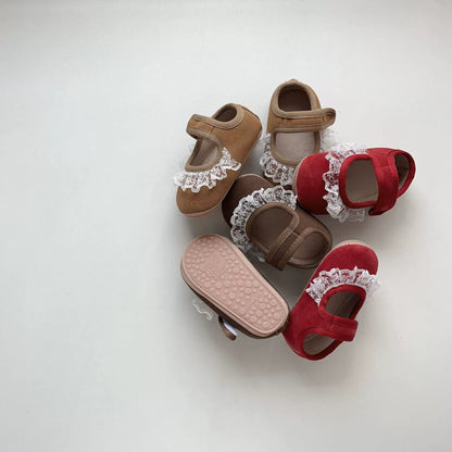 Spring and Autumn Baby Girl Fashion Lace Trim Decorated Toddler Soft-Sole Anti-slip Walking Shoes
