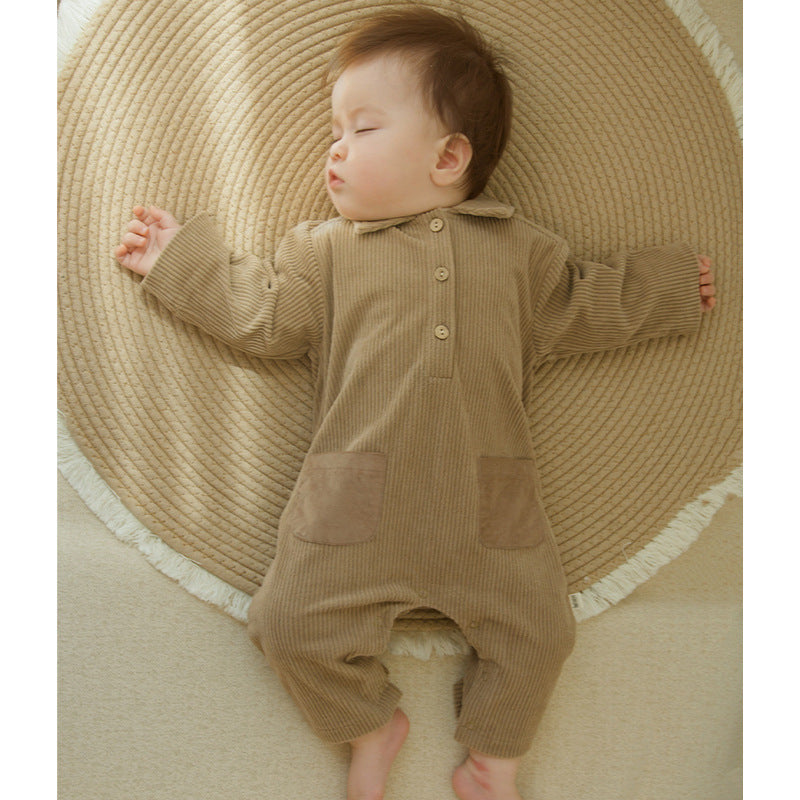 Autumn Arrival Baby Unisex Long Sleeves Solid Color Corduroy Rompers-0