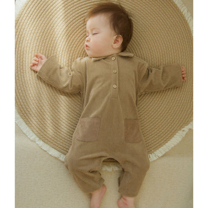 Autumn Arrival Baby Unisex Long Sleeves Solid Color Corduroy Rompers-0