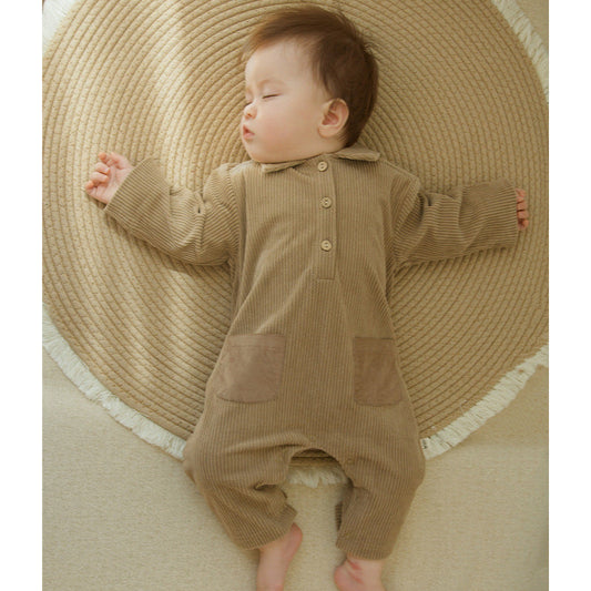 Autumn Arrival Baby Unisex Long Sleeves Solid Color Corduroy Rompers-0