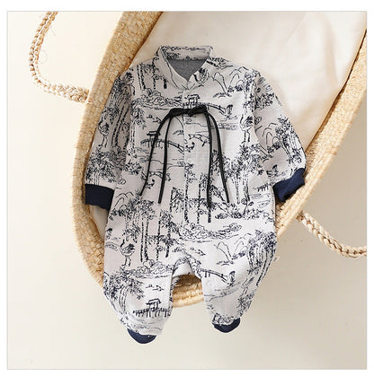 Autumn and Spring Arrival Baby Unisex Chinese Painting Pattern Long Sleeves Stand Collar Single Breasted Rompers