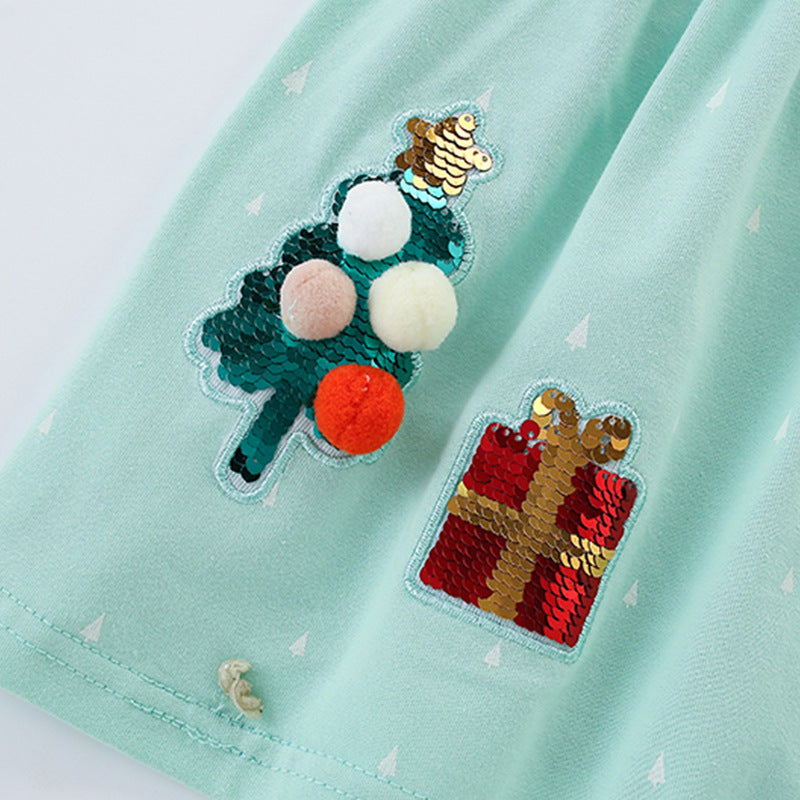 Autumn and Spring New Arrival Christmas Cartoon Sequins Pattern Long Sleeves Dress for Stylish Girls