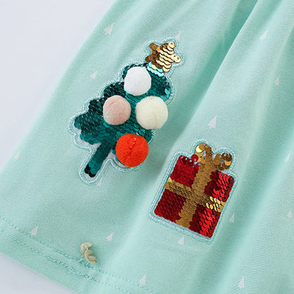 Autumn and Spring New Arrival Christmas Cartoon Sequins Pattern Long Sleeves Dress for Stylish Girls