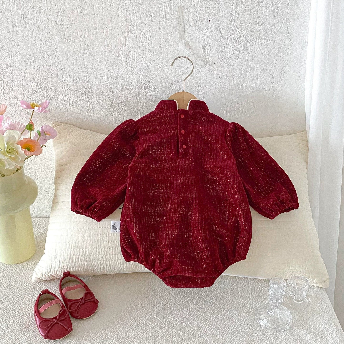 Autumn Arrival Baby Girls Long Sleeves Vintage Flowers Pattern Red Onesies
