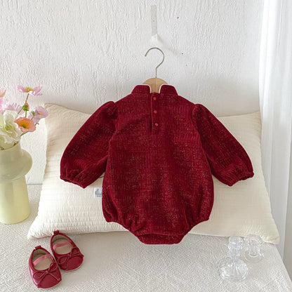 Autumn Arrival Baby Girls Long Sleeves Vintage Flowers Pattern Red Onesies