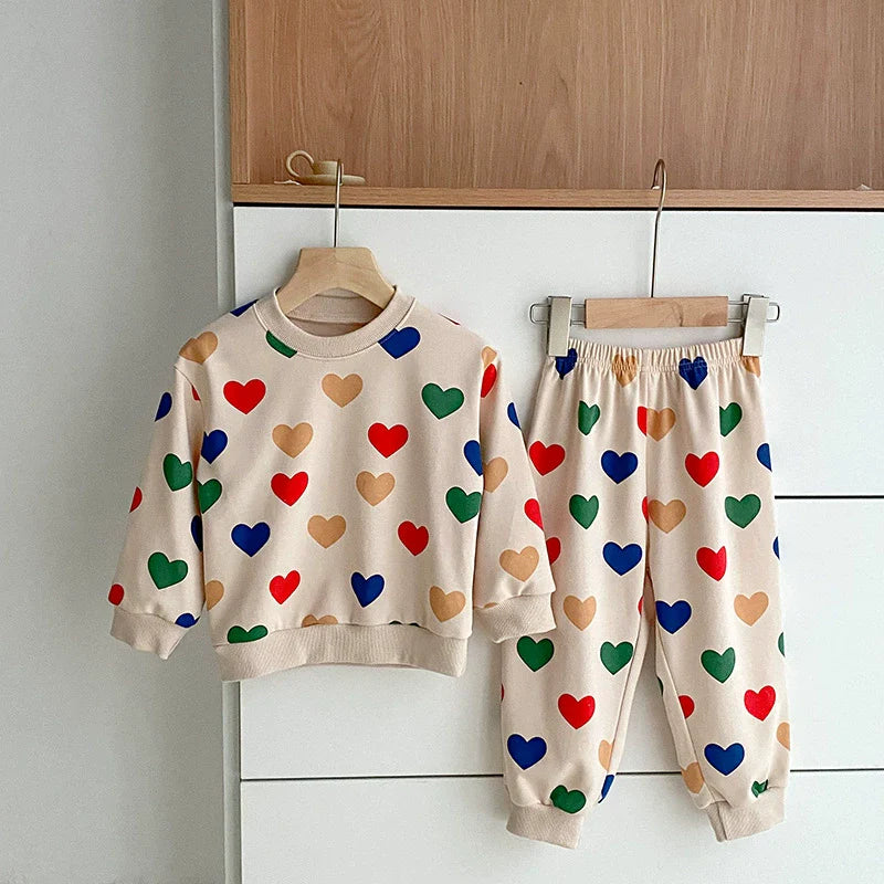 Arrival Autumn Baby Unisex Long Sleeves Colorful Heart Pattern Top Sweatshirt and Long Trousers Clothing Set